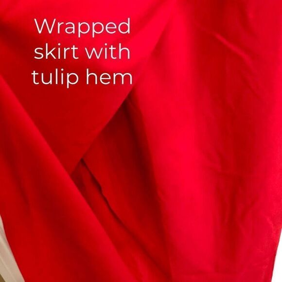 JULIA JORDAN - NWT - L Sz 8 Knot Neck Tulip Hem Midi Dress in Red Scuba Crepe ♥️ - Picture 14 of 16